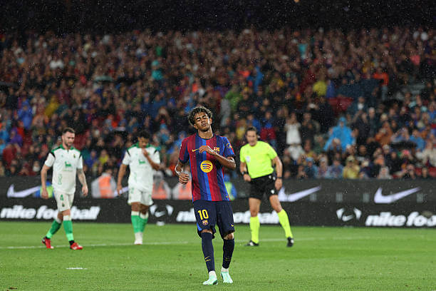 Barcelona vs Racing Santander Review: Lamine Yamal reacts after failing to convert a penalty during the LaLiga 2026/27 match between Barcelona and Racing Santander at the Camp Nou on September 16, 2026.