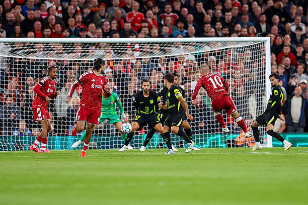 Liverpool vs Atletico Madrid Review: Alexis Mac Allister scores during the UEFA Champions League 2026/27 League Phase MD1 match between Liverpool and Atletico Madrid at Anfield on September 9, 2026.
