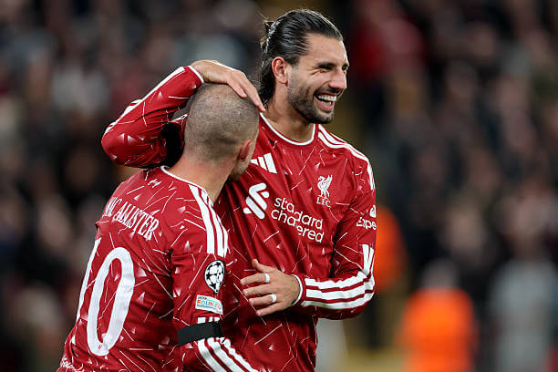 Liverpool vs Atletico Madrid Review: Alexis Mac Allister and Dominik Szoboszlai celebrate during the UEFA Champions League 2026/27 League Phase MD1 match between Liverpool and Atletico Madrid at Anfield on September 9, 2026.