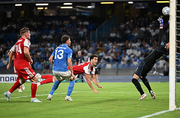 Napoli vs Arsenal Review: Alex Meret saves Mikel Merino's headed shot during the UEFA Champions League 2026/27 League Phase MD1 match between Napoli and Arsenal at Stadio Diego Armando Maradona on September 09, 2026.