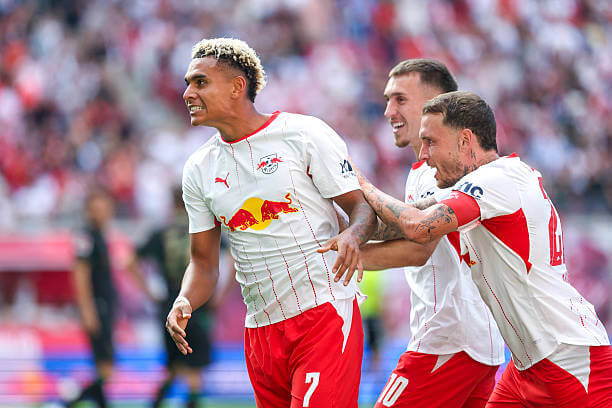 Bundesliga Roundup, Matchday 1: Antonio Nusa celebrates his goal during the Bundesliga 2026/27 match between RB Leipzig and Borussia Mönchengladbach at Red Bull Arena on August 29, 2026.