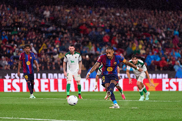 Barcelona vs Racing Santander Review: Raphinha takes a penalty to score his third goal during the LaLiga 2026/27 match between Barcelona and Racing Santander at the Camp Nou on September 16, 2026.