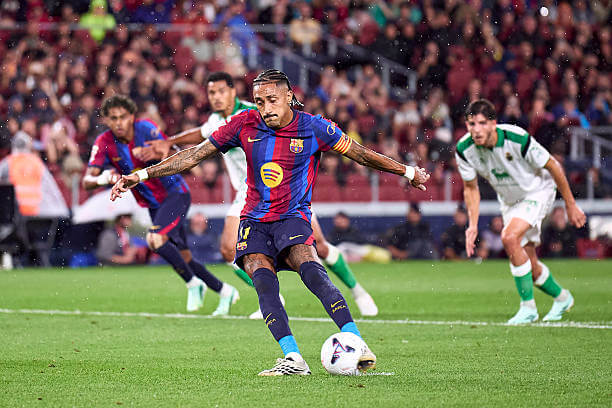 Barcelona vs Racing Santander Review: Raphinha scores his first goal from the penalty spot during the LaLiga 2026/27 match between Barcelona and Racing Santander at the Camp Nou on September 16, 2026.
