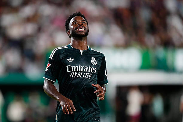 Elche vs Real Madrid Review: Vinicius Junior reacts after missing a goal scoring chance during the LaLiga match between Elche and Real Madrid at Estadio Manuel Martinez Valero on September 15, 2026.