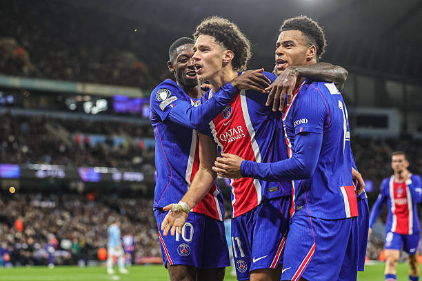 Manchester City vs PSG Review: Maghnes Akliouche celebrates his goal during the UEFA Champions League 2026/27 League Phase MD2 match between Manchester City and Paris Saint-Germain at the Etihad Stadium on October 14, 2026.