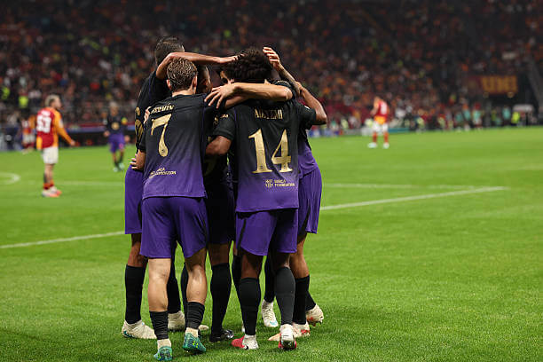 Galatasaray vs Barcelona Review: Karim Adeyemi celebrates his goal with his teammates during the UEFA Champions League 2026/27 League Phase MD2 match between Galatasaray and Barcelona at the RAMS Park on October 13, 2026.