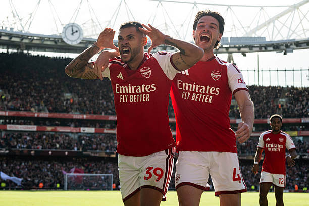 Arsenal vs Leeds Review: Bruno Guimaraes celebrates with Declan Rice during the Premier League 2026/27 match between Arsenal and Leeds at the Emirates Stadium on October 10, 2026.