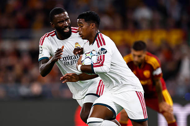Roma vs Real Madrid Review: Endrick celebrates his goal during the UEFA Champions League 2026/27 League Phase MD2 match between Roma and Real Madrid at the Stadio Olimpico on October 14, 2026.