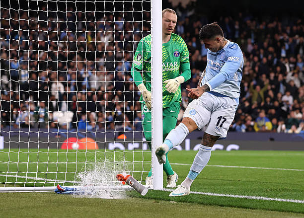 Manchester City vs PSG Review: Enzo Fernandez kicks a water bottle after a missed chance during the UEFA Champions League 2026/27 League Phase MD2 match between Manchester City and Paris Saint-Germain at the Etihad Stadium on October 14, 2026.