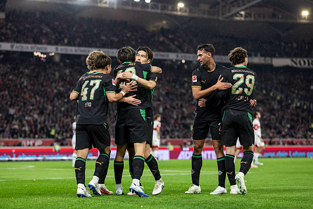 Bundesliga Roundup, Matchday 7: Shuto Machino celebrates with his teammates during the Bundesliga match between VfB Stuttgart and Borussia Monchengladbach at MHP Arena on October 23, 2026.