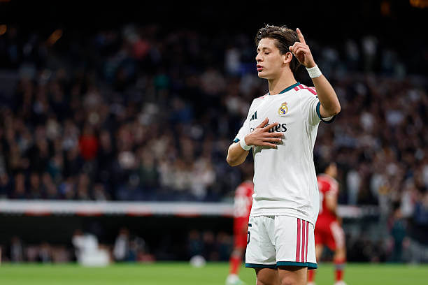 Real Madrid vs Sevilla Review: Arda Guler celebrates his goal during the LaLiga 2026/27 match between Real Madrid and Sevilla at Estadio Santiago Bernabéu on October 18, 2026.