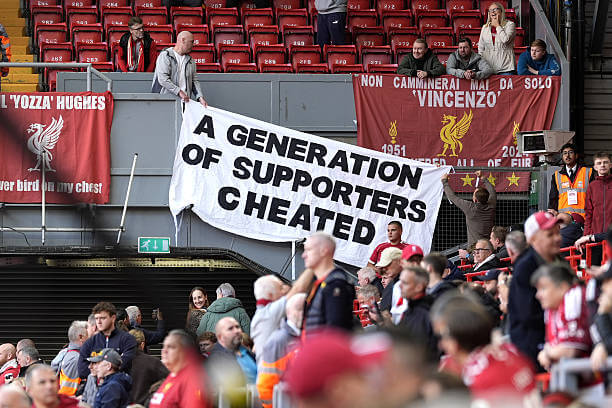 Liverpool vs Manchester City Review: A banner is displayed with the words 'A generation of supporters cheated' by Liverpool fans before the Premier League match between Liverpool and Manchester City at Anfield on October 11, 2026.