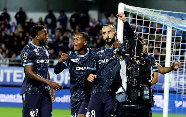 Ligue 1 Roundup, Matchday 6: Marseille players celebrate during the Ligue 1 2026/27 match between Troyes and Marseille at Stade de l'Aube on October 11, 2026.