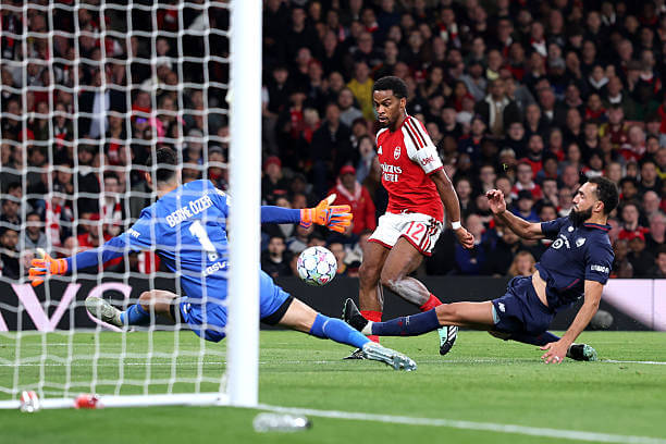 Arsenal vs Lille Review: Jurrien Timber scores during the UEFA Champions League 2026/27 League Phase MD2 match between Arsenal and Lille at the Emirates Stadium on October 13, 2026.