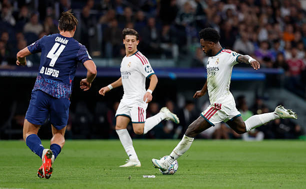 Real Madrid vs RB Leipzig Review: Vini Jr in action during the UEFA Champions League 2026/27 League Phase MD3 match between Real Madrid and RB Leipzig at the Santiago Bernabeu on October 21, 2026.